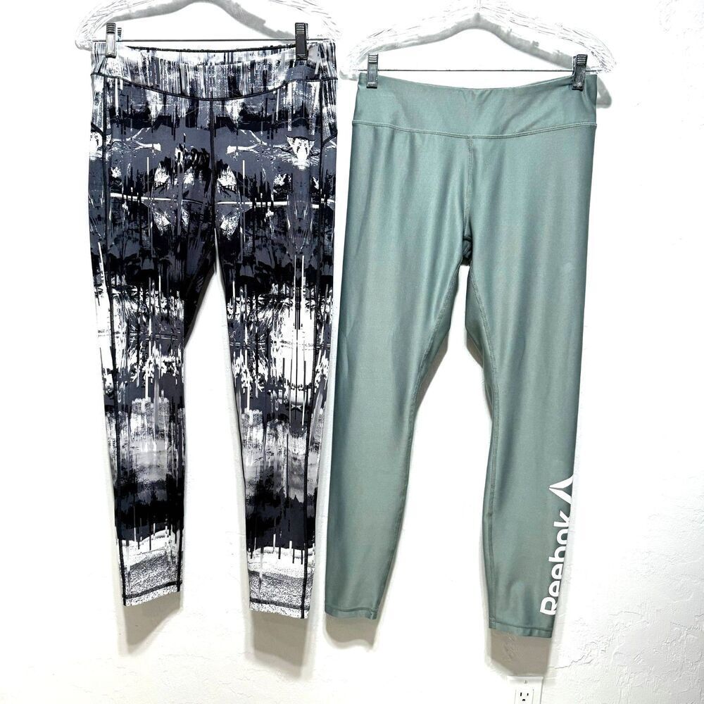 Reebok Legging 2 Pairs Full Length Black Teal High Mid Rise Womens sz Large